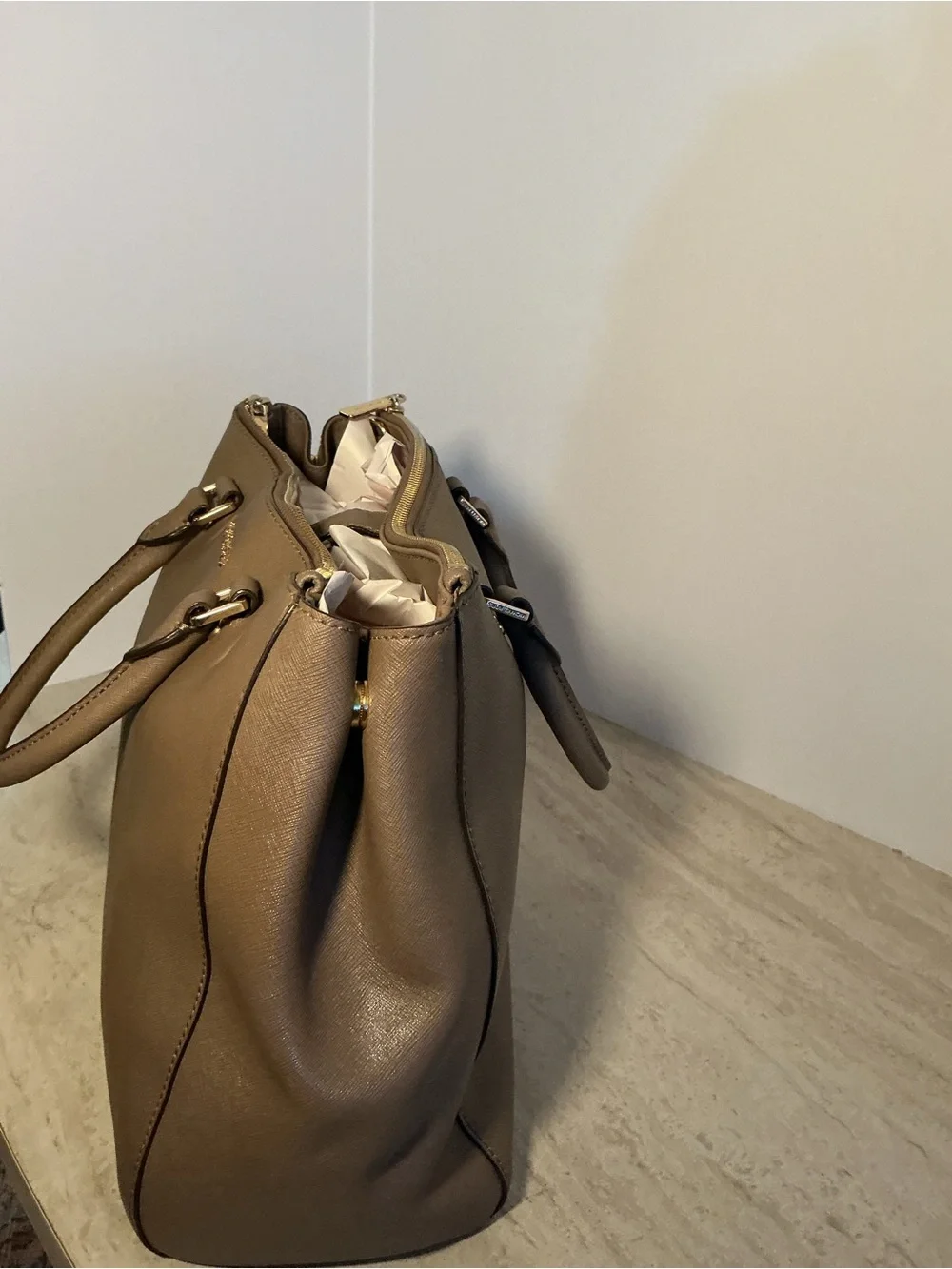 Michael Kors Taupe Saffiano Leather Tote with Gold Hardware